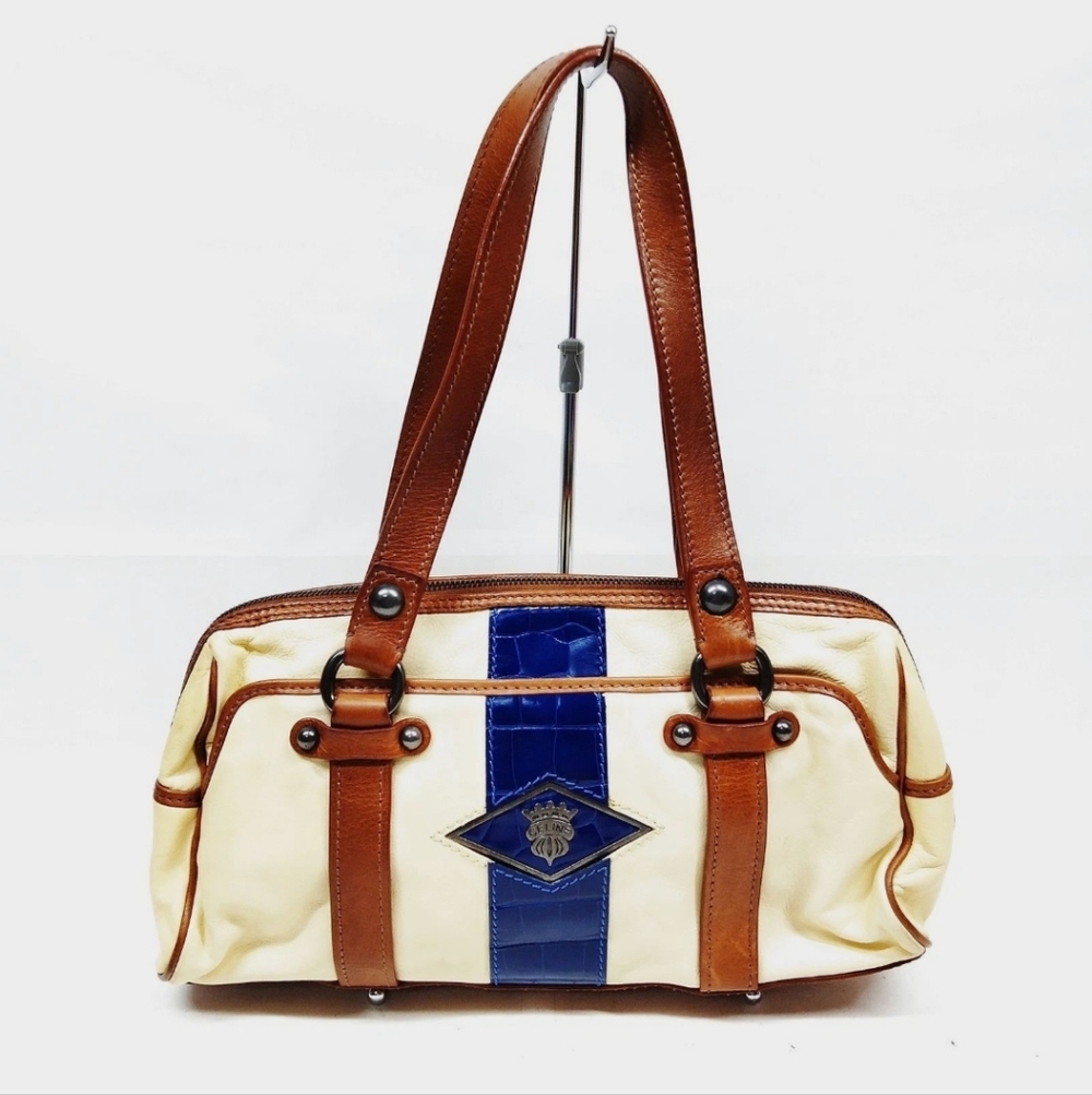 Vintage Céline CE00/35 Cream Leather Shoulder Bag Blue Croc Stripe Y2K Authentic